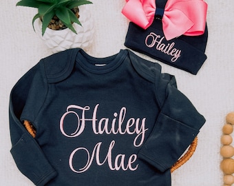 Baby Girl Coming Home Outfit Baby Girl Clothes Personalized Baby Girl Gift Personalized Baby Girl Outfit Newborn Girl Clothes Newborn Hat