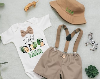 Safari First Birthday Outfit, Jungle Animals, Personalized Baby Boy Set
