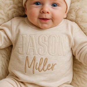 Personalized Newborn Romper, Embroidered Baby Boy Outfit, Newborn Baby Shower Gift, Personalized oatmeal baby romper and hat set