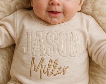 Personalized Newborn Rompers, Embroidered Baby Boy Outfit, Newborn Baby Shower Gift, Personalized oatmeal baby romper and hat set