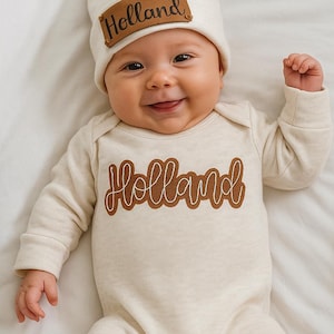 Personalized Newborn Romper, Embroidered Baby Boy Outfit, Newborn Baby Shower Gift, Personalized oatmeal baby romper and hat set