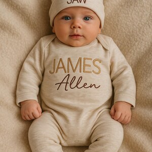 Personalized Newborn Romper, Embroidered Baby Boy Outfit, Newborn Baby Shower Gift, Personalized oatmeal baby romper and hat set