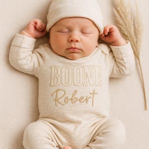 Personalized Newborn Romper, Embroidered Baby Boy Outfit, Newborn Baby Shower Gift, Personalized oatmeal baby romper and hat set