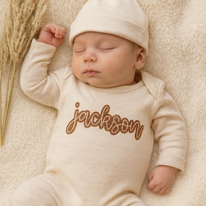 Personalized Baby Shower Gift, Personalized Newborn Romper, Embroidered Baby Boy Outfit, Personalized oatmeal baby romper and hat set