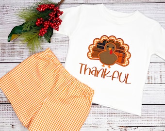 Toddler Boy Turkey Outfit, Applique Shirt, Gingham Shorts