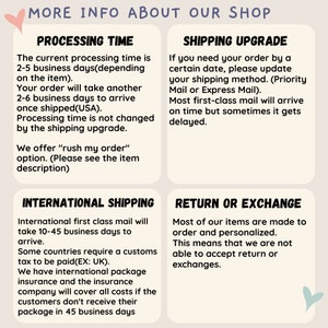 Op de afbeelding: Een afbeelding met shopinformatie. Details over verwerkingstijd, verzendupgrades, internationale verzending en retour- of omruilbeleid. De tekst is in een zacht pastelkleurenschema.