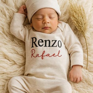 Personalized Newborn Romper, Embroidered Baby Boy Outfit, Newborn Baby Shower Gift, Personalized oatmeal baby romper and hat set