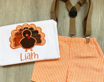 Personalized Boy Thanksgiving Outfit, Gingham Shorts, Turkey Shirt