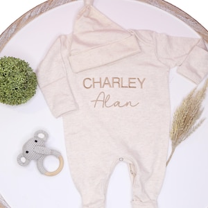 Personalized Newborn Romper, Embroidered Baby Boy Outfit, Newborn Baby Shower Gift, Personalized oatmeal baby romper and hat set