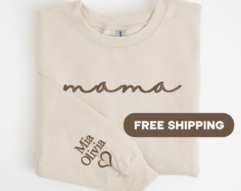 Custom Mama Embroidered Sweatshirt with Kids Names, Personalized Mom Crewneck Pullover, Personalized Mom Embroidered Sweatshirt