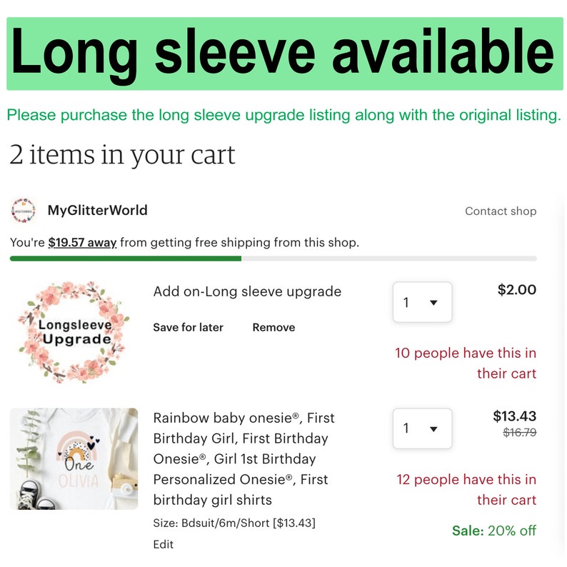 Op de afbeelding: Schermafbeelding van een Etsy winkelwagen. Het toont een add-on lange mouw upgrade en een regenboog baby romper met de tekst "One OLIVIA". De lange mouw upgrade is $2,00, en de romper is in de uitverkoop voor $13,43. De tekst bovenaan luidt "Lange mouw beschikbaar."