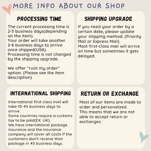 K&ouml;nnte beinhalten: Eine wei&szlig;e und beige Grafik mit schwarzem Text, der die Bearbeitungszeit, das Versand-Upgrade, den internationalen Versand und die R&uuml;ckgabe- oder Umtauschrichtlinien f&uuml;r einen Online-Shop beschreibt. Der Text enth&auml;lt Informationen &uuml;ber die Zeit, die f&uuml;r die Bearbeitung von Bestellungen ben&ouml;tigt wird, Versandoptionen, internationale Versandzeiten und R&uuml;ckgabebedingungen.