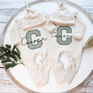Personalized Newborn Romper, Embroidered Baby Boy Outfit, Newborn Baby Shower Gift, Personalized oatmeal baby romper and hat set