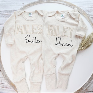 Personalized Newborn Romper, Embroidered Baby Boy Outfit, Newborn Baby Shower Gift, Personalized oatmeal baby romper and hat set
