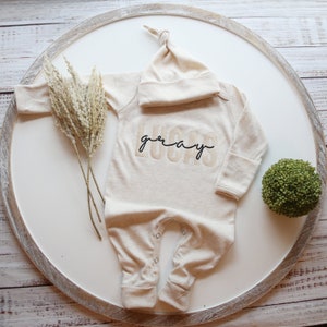 Personalized Newborn Romper, Embroidered Baby Boy Outfit, Newborn Baby Shower Gift, Personalized oatmeal baby romper and hat set