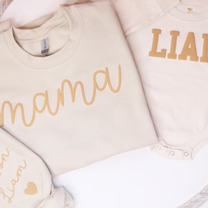 Personalized Mama Sweatshirt with Kid Names on Sleeve, New Mom Gift, Matching Mommy and Me Sweatshirt, Baby Bubble Romper, Minimalist outfit