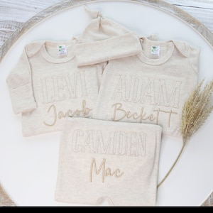 Personalized Newborn Romper, Embroidered Baby Boy Outfit, Newborn Baby Shower Gift, Personalized oatmeal baby romper and hat set