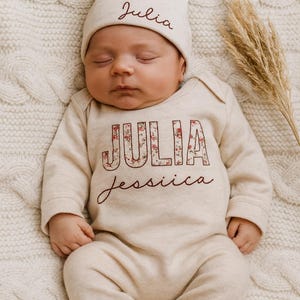 Personalized Newborn Girl Romper, Embroidered Baby Girl Outfit, Newborn Baby Shower Gift, Personalized Oatmeal Color Baby Romper and Hat set