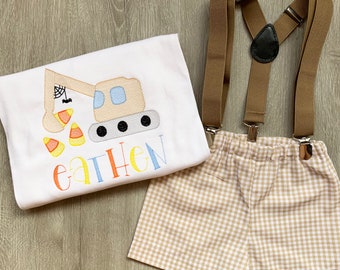 Personalized Boy Halloween Outfit, Applique Shirt, Gingham Shorts, Suspenders