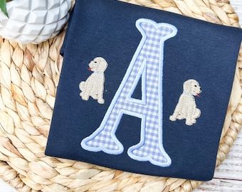 Camisetas con bordado de cachorro para niño, mono con monograma, mono personalizado para niño, camisetas con monograma personalizado, manga corta azul marino, pantalones cortos de cuadros vichy