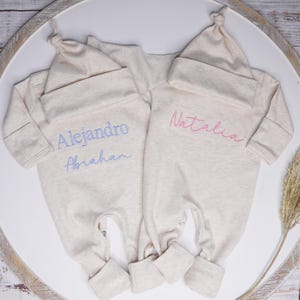 Personalized Newborn Romper, Embroidered Baby Boy Outfit, Newborn Baby Shower Gift, Personalized oatmeal baby romper and hat set