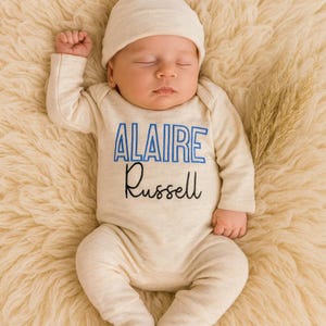 Personalized Newborn Romper, Embroidered Baby Boy Outfit, Newborn Baby Shower Gift, Personalized oatmeal baby romper and hat set