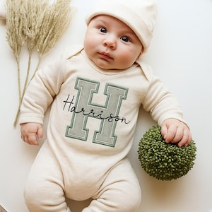 Personalized Newborn Romper, Embroidered Baby Boy Outfit, Newborn Baby Shower Gift, Personalized oatmeal baby romper and hat set
