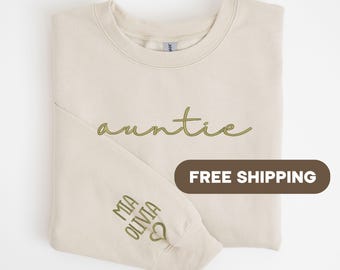 Custom Auntie Embroidered Sweatshirt With Kids Names, Personalized Sleeve Detail, Custom Auntie Embroidered Sweatshirt