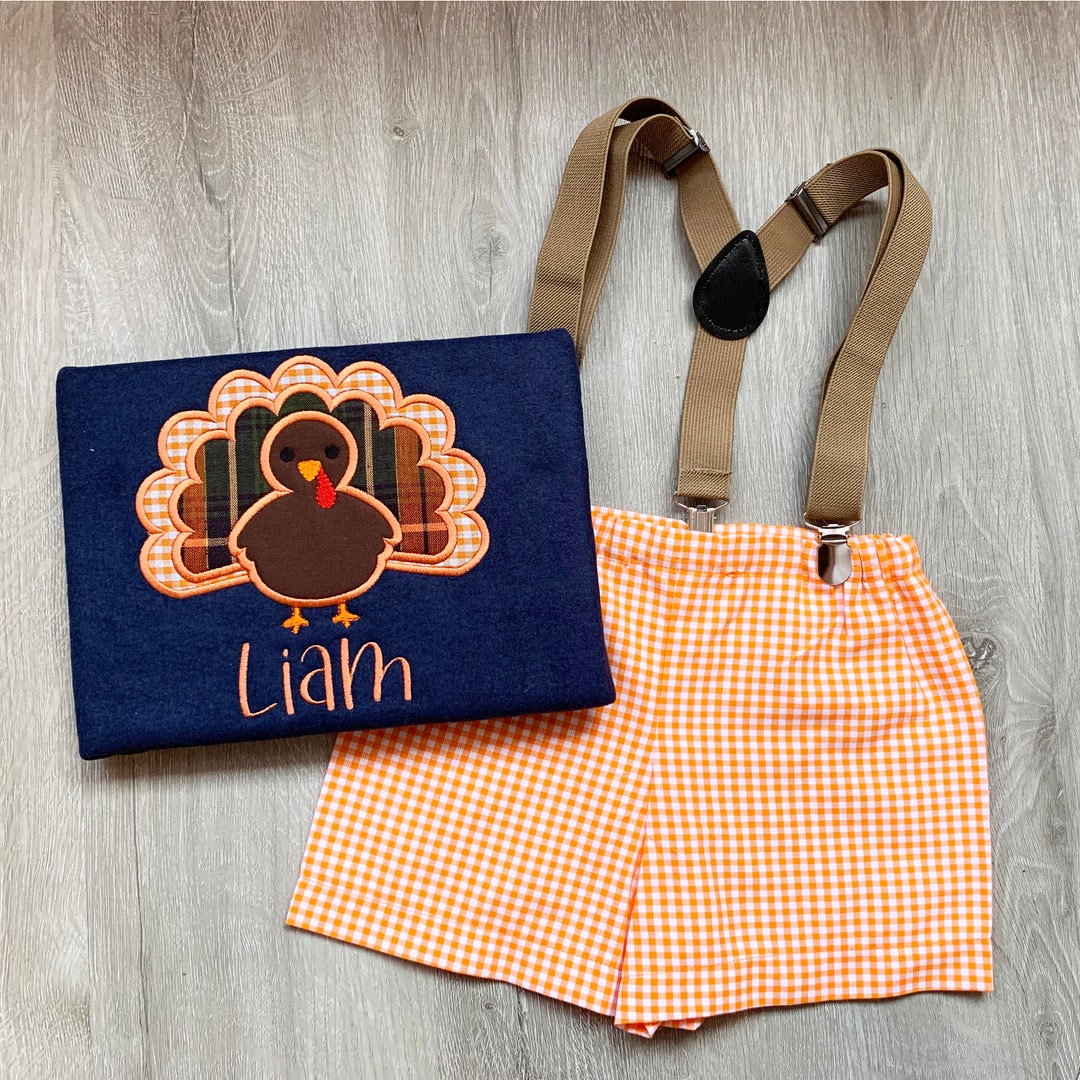 Toddler Boy Turkey Outfit, Turkey Applique Shirt, Gingham Short