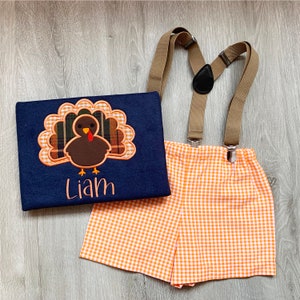 Toddler Boy Turkey Outfit, Turkey Applique Shirt, Gingham Short, Personalized Pumpkin Shirt of Boy, Boy Thanksgiving Shirt, Boy Turkey Shirt