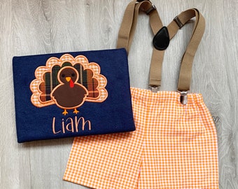 Toddler Boy Turkey Outfit, Turkey Applique Shirt, Gingham Short, Personalized Pumpkin Shirt of Boy, Boy Thanksgiving Shirt, Boy Turkey Shirt