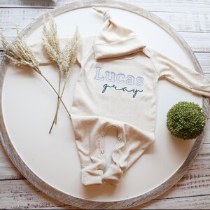 Personalized Newborn Romper, Embroidered Baby Boy Outfit, Newborn Baby Shower Gift, Personalized oatmeal baby romper and hat set