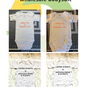 Op de afbeelding: Een vergelijking van witte babyrompers. De afbeelding toont vier rompers met tekstoverlays die het merk Carter's vergelijken met groothandelmerken. Maten zijn 12m, 6-12m, 12-18m, 18 maanden en 18-24 maanden.