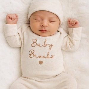 Personalized Newborn Romper, Embroidered Baby Boy Outfit, Newborn Baby Shower Gift, Personalized oatmeal baby romper and hat set