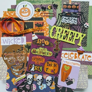 Kit de création en papier Halloween - Graphique45 papier cartonné 6 x 6, autocollants dimensionnels, éléments prédécoupés, tête de mort en sucre, ruban adhésif en Washi, placage de bois, ruban - CREEPY