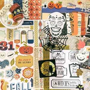 May include: A collection of Halloween-themed scrapbook supplies. Includes decorative paper, stickers, washi tape, and die-cuts with pumpkins, skulls, bats, and the text "Trick or Treat". The color palette features orange, black, white, and gold.