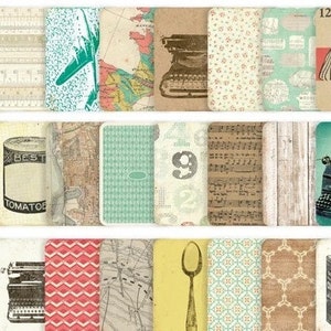 May include: A collection of vintage-style patterned paper cards with various designs, including polka dots, stripes, maps, and musical notes. There are also images of a typewriter, a can of tomatoes, and a playing card with the text "Slap Jack" and the number "12".