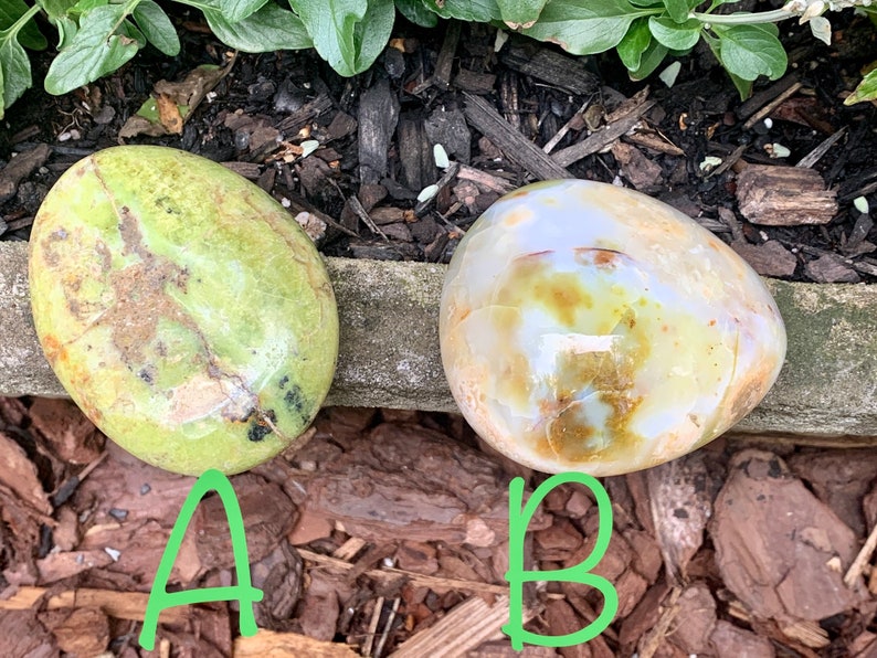 May include: Two polished, oval-shaped stones. One is a light green with brown and black markings. The other is a creamy white with yellow and brown hues. The stones are labelled "A" and "B" in green.