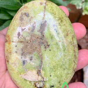 May include: An oval-shaped, polished stone in shades of light green, with brown and darker green patterns. The stone's surface shows natural cracks and imperfections. The letter "A" is written in green on the bottom right corner of the stone.