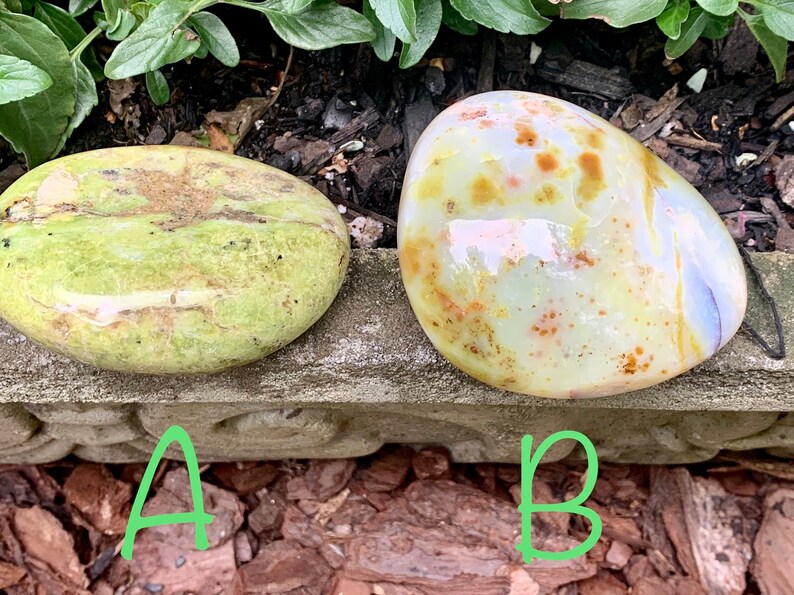 May include: Two polished stones, one oval and the other rounded, are displayed on a concrete surface. The oval stone is pale green with brown markings. The rounded stone is creamy yellow with brown and blue accents. The stones are displayed outdoors.