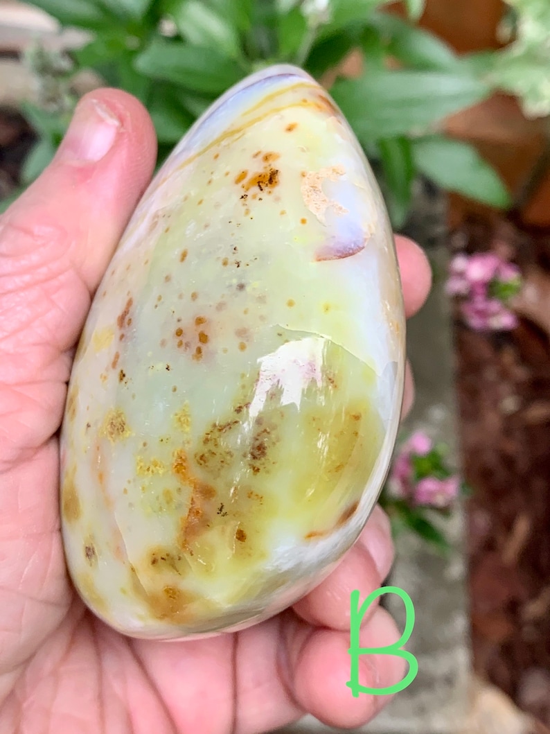 May include: A polished, oval gemstone with a smooth, glossy surface. The stone has pale yellow, cream, and translucent white hues, speckled with brown and tan markings. The gemstone is held in a hand, with a blurred green background.