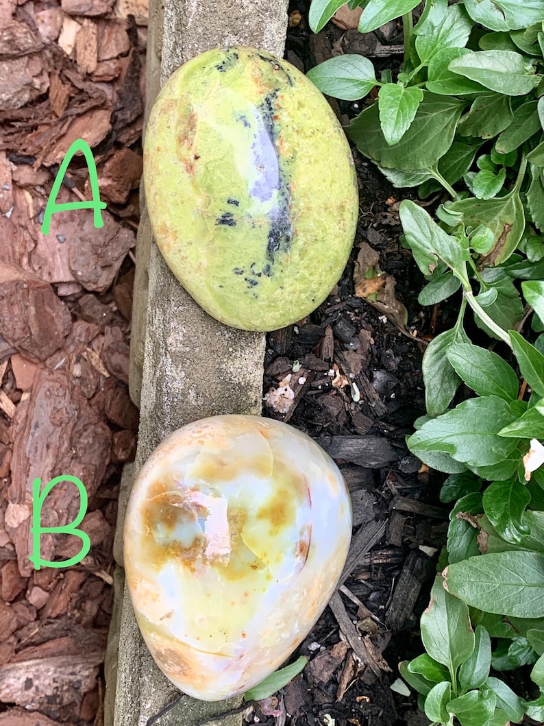 May include: Two polished stones. The top stone is oval, with a light green hue and dark streaks. The bottom stone is oval, with a creamy white and tan colour. The stones are displayed on a bed of mulch and next to green plants.