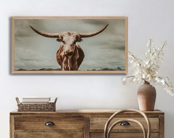 MONTANA MAVERICK wood framed textured print, longhorn cow, Montana, cow art, cattle ranch photo, fine art print, wall art, farmhouse art