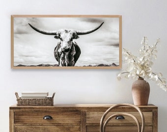 MONTANA MAVERICK wood framed textured print, longhorn cow, Montana, cow art, bw, cattle ranch photo, fine art print, wall art, farmhouse art