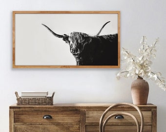 Scottish Rogue wood framed textured print, highlander cow, cow art, bw, Scottish Highlander, cattle ranch photo, fine art print, wall art