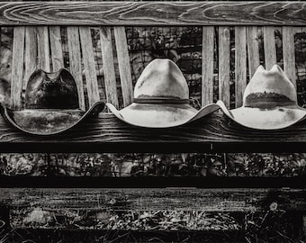 Man of Many Hats, cowboy, cowboy hats, black and white, fine art print, wall art, photo, photograph