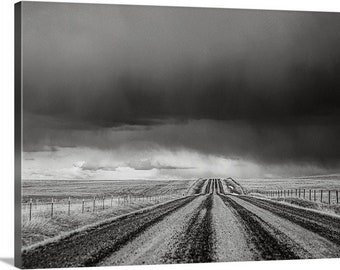 Storm Chasin Canvas, dirt road, country road, black and white, monochromatic, Montana landscape, fine art print, wall art