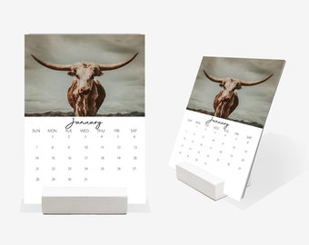 2024 Montana Fine Art Desk Calendar, rustic, ranch, farm, horse, country, longhorn cow, highlander cow, boots, cowgirl, dirt road, silos