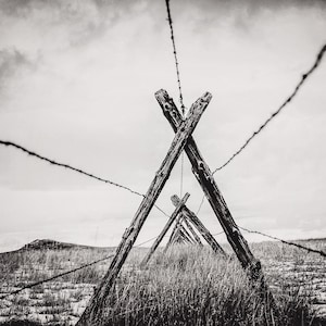 May include: A black and white photograph of a fence made of wooden posts and barbed wire. The fence is in a field with tall grass. The posts are arranged in a triangular pattern, creating a sense of depth and perspective.