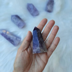 Può includere: Una punta di cristallo di ametista viola con una punta appuntita e una base piatta. Il cristallo è traslucido e ha una tonalità viola chiaro.